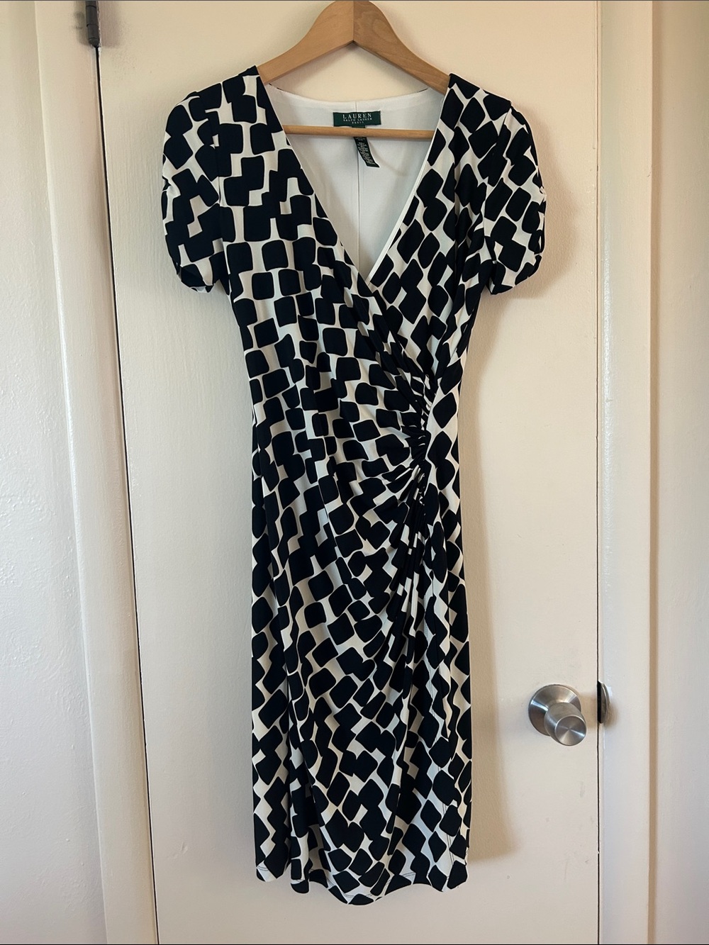 Lauren Ralph Lauren Black and White Geometric Faux-Wrap Midi Dress